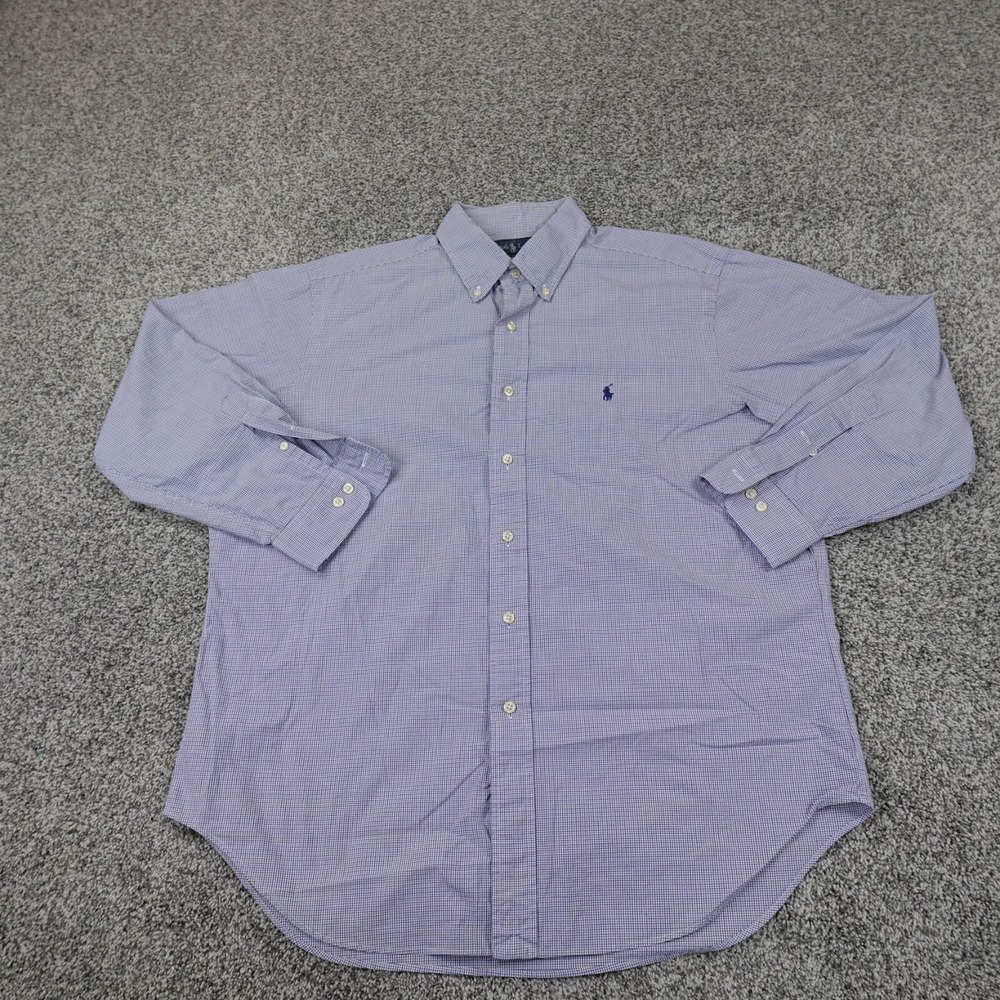 VTG Ralph Lauren Shirt Mens L 16.5 Blue White Pony Long Sleeve Button Up Preppy